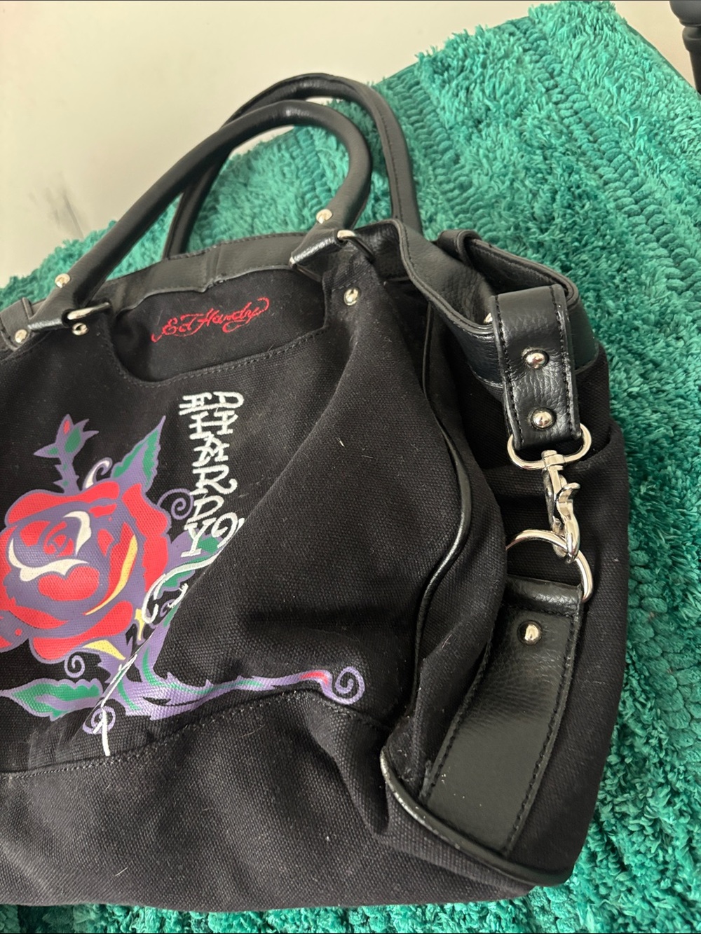Ed Hardy Y2K Summer bag Black Satchel with Red Heart Skull Graphic - Picture 10 of 10